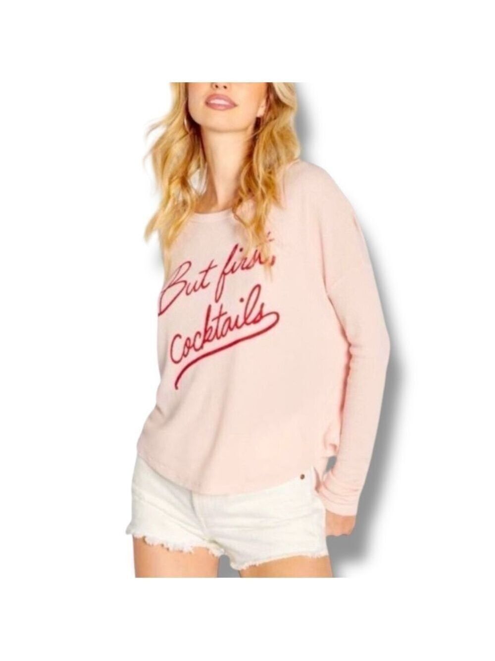 Wildfox Light Pink Rose Blush "But First, Cocktails" Sweatshirt - Large